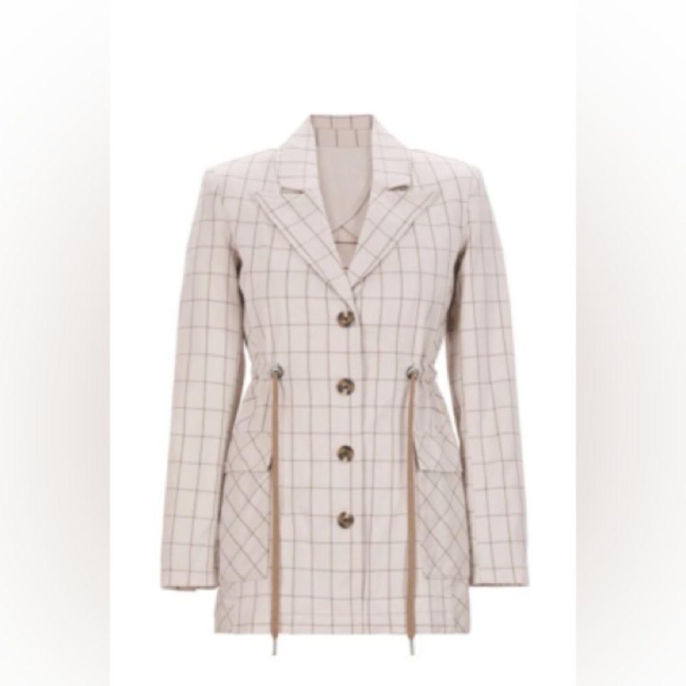 Cabi Women's Windowpane Khaki Cinched Waist Button Front Jacket- Size‎ Small - Picture 2 of 9